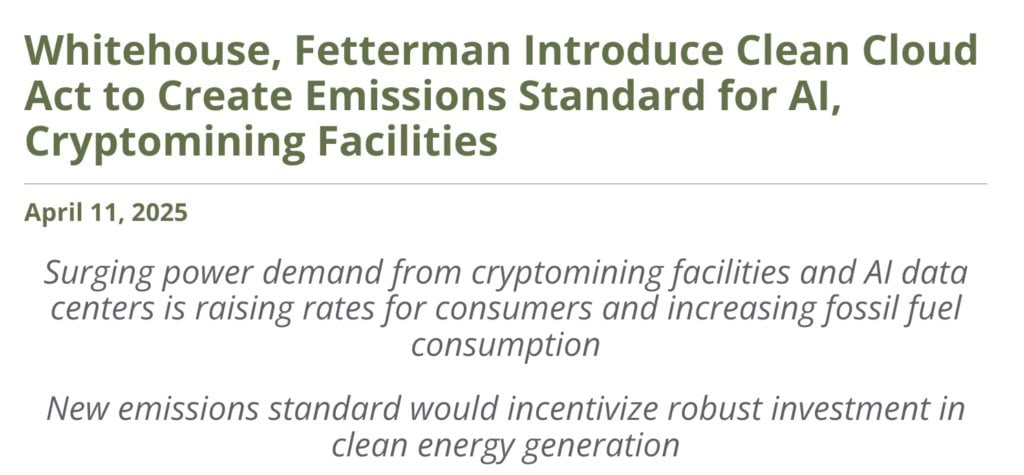 民主党は、米国のビットコイン採掘会社と AI コンピューティング センターがグリーン エネルギーを採用: 2035 年までに炭素排出ゼロを達成